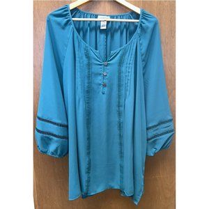 CATHERINES 2XWP (22/24WP) teal  3/4 SLEEVE 1/4 button-UP round neck sheer tunic